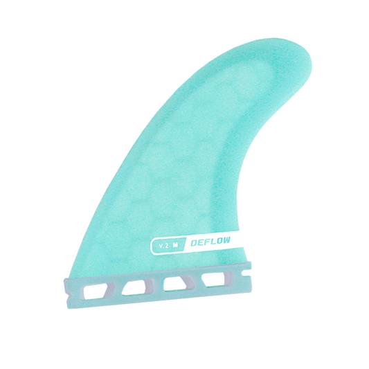 Vista frontal técnica de quilla surf Deflow V.2 azul celeste.