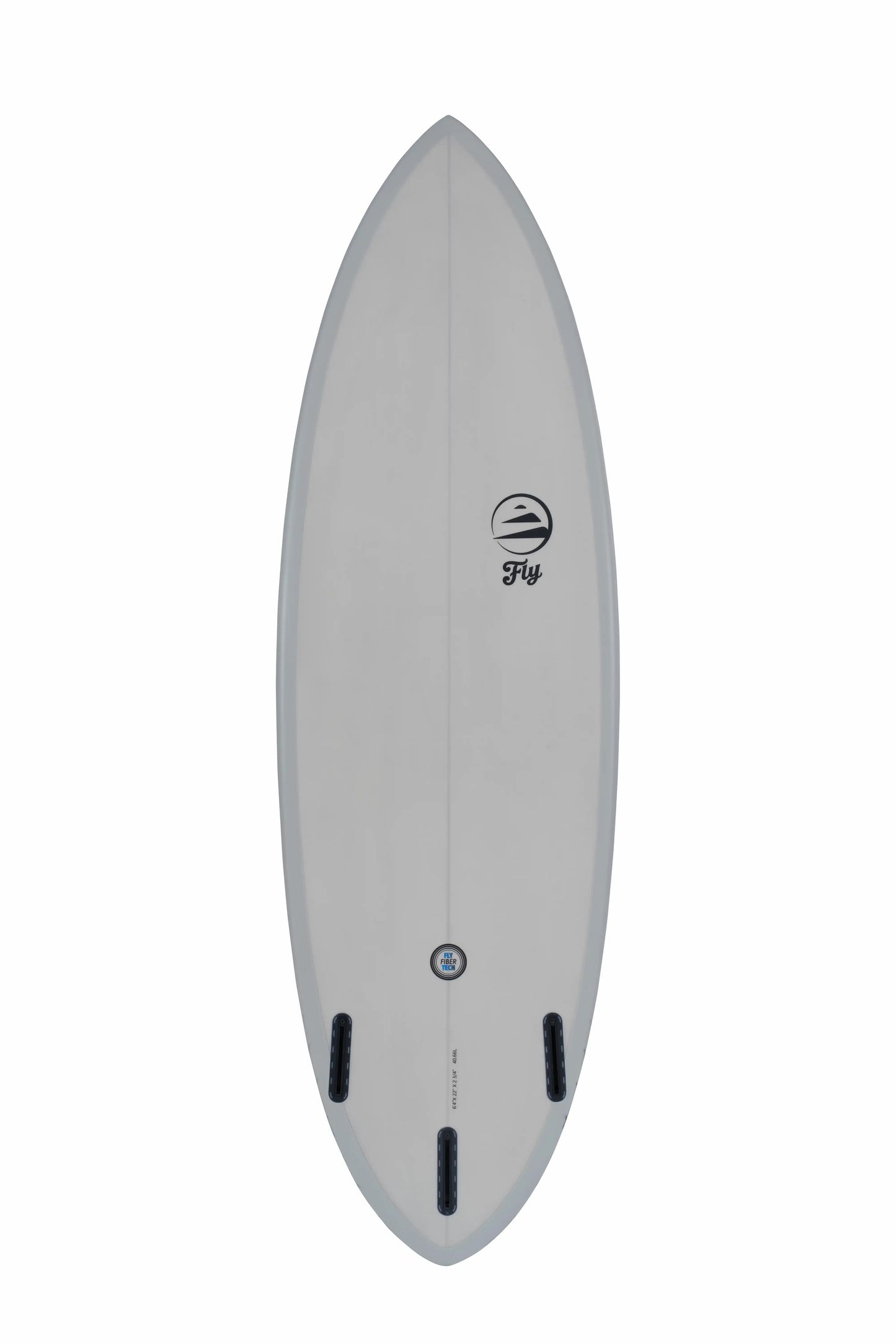 Perspectiva completa de la parte trasera de una tabla surf fibra gris.