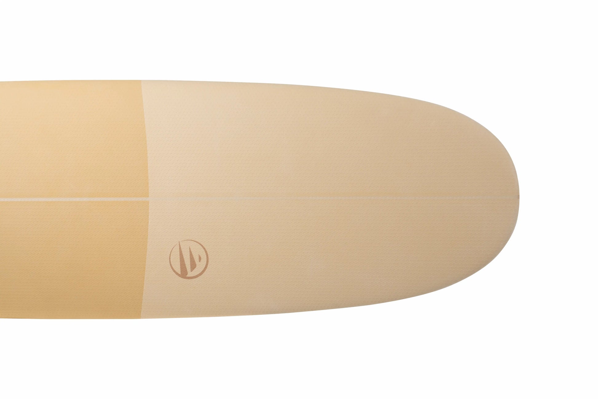 Primer plano de la parte delantera (nose) del longboard Moonwalk en color Fade Gold con logotipo Flysurf minimalista.