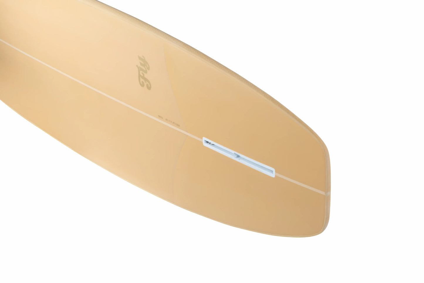 Perfil lateral del longboard Moonwalk Fade Gold, destacando la curvatura (rocker) suave y el canto refinado.