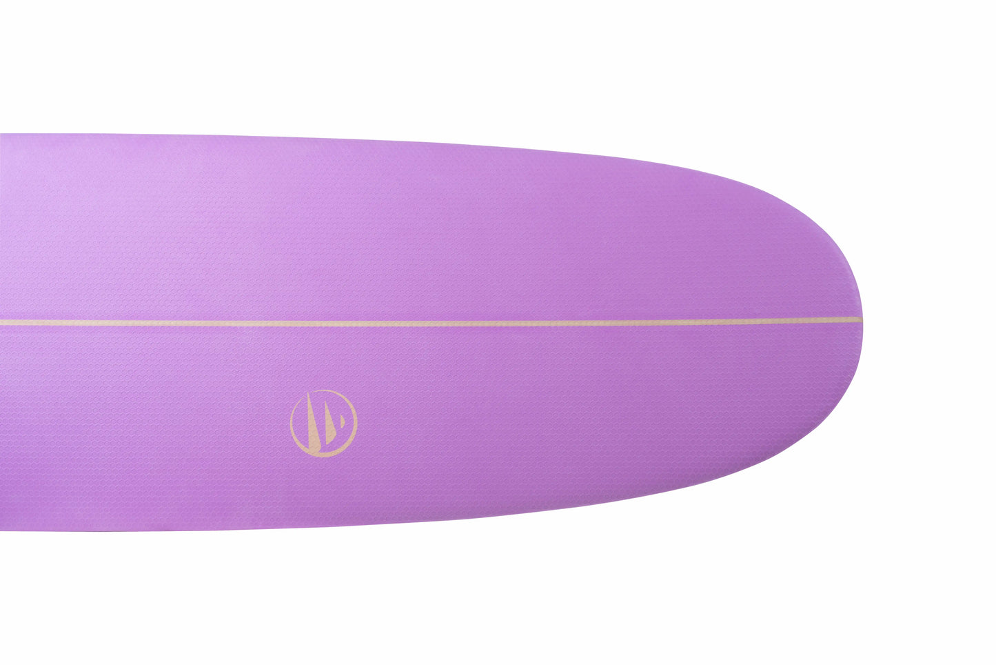 Primer plano del nose redondeado del longboard Moonwalk rosa con detalle del logotipo sutil.