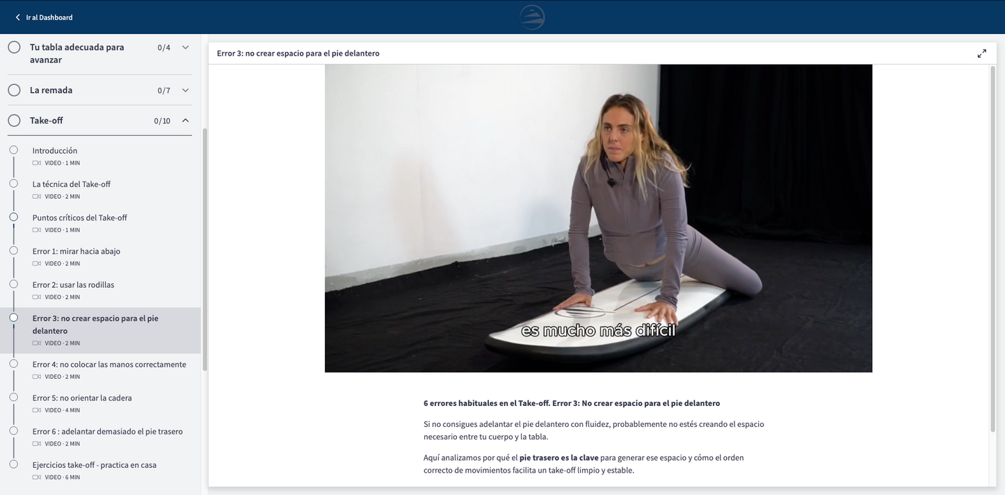 Plataforma FLY ACADEMY formación online de surf en la clase de Take off de Nadia Erostarbe.