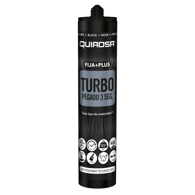 Sellador Quiadsa Turbo negro de 290ml, polímero MS para reparaciones estructurales y estéticas en tablas de surf oscuras.
