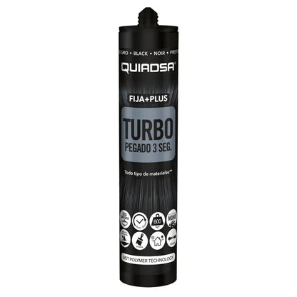 Sellador Quiadsa Turbo negro de 290ml, polímero MS para reparaciones estructurales y estéticas en tablas de surf oscuras.