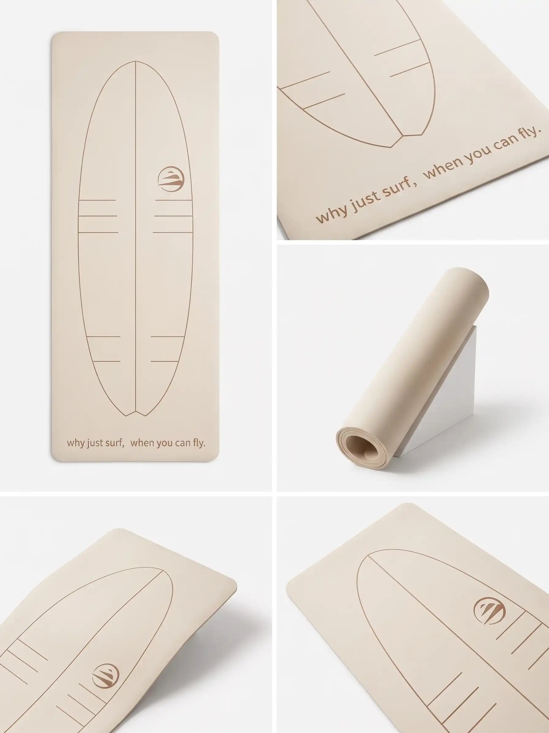 Composición de imágenes mostrando el diseño de tabla de surf, el enrollado y la textura de la esterilla Flysurf.