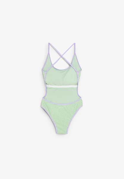 Bañador Deeply Mujer Glow verde, plano frontal doblado
