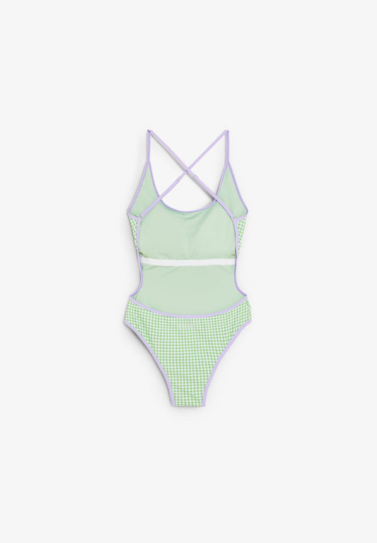 Bañador Deeply Mujer Glow verde, plano frontal doblado