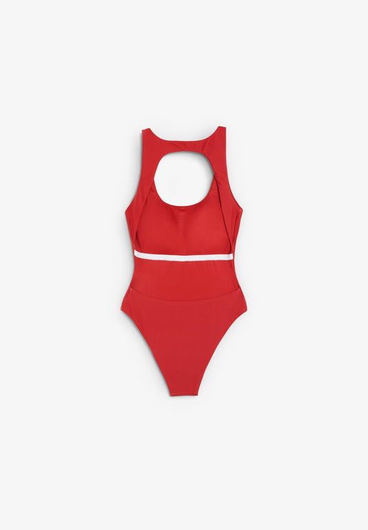 Bañador Deeply Mujer Essence rojo, plano frontal doblado
