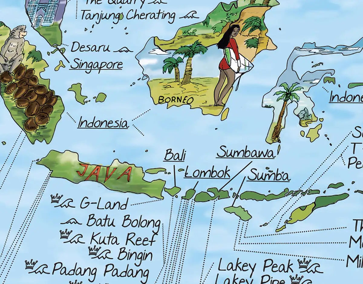 Ilustraciones y nombres de spots de surf de Indonesia en el mapa Surftrip Map