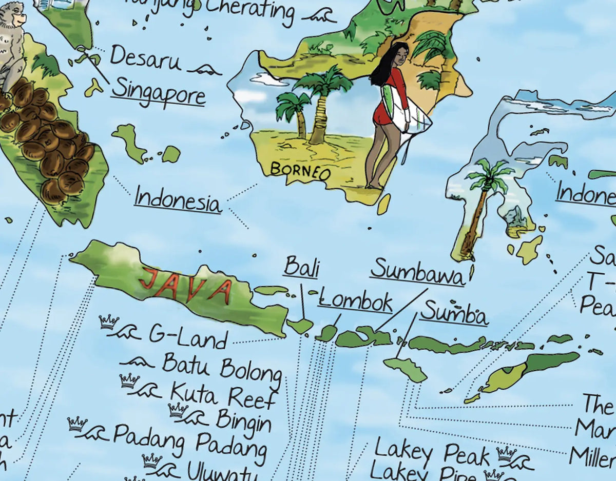 Detalle del mapa de surf con los spots de Indonesia: Bali, Lombok, G-Land y Padang Padang