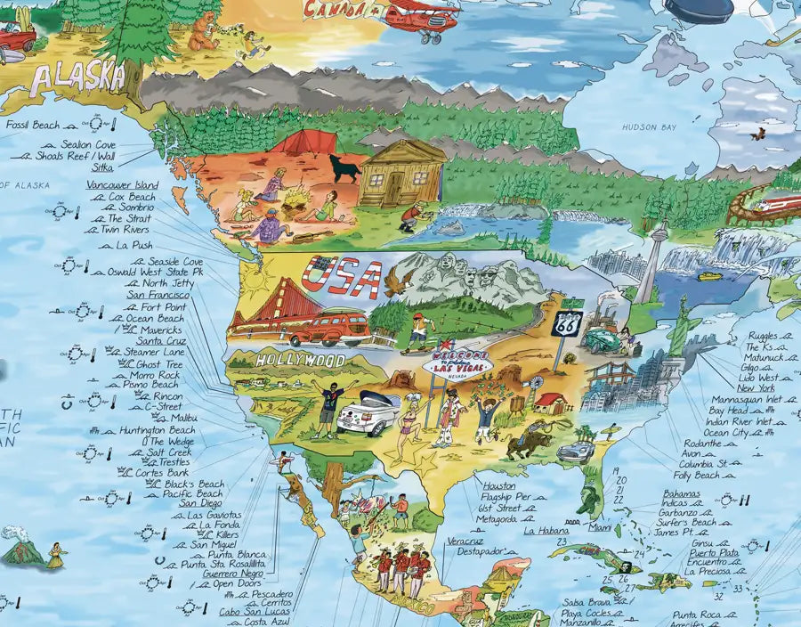 Detalle del mapa de surf de Norteamérica con los spots de la costa de California y México
