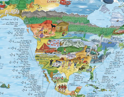 Detalle del mapa de surf de Norteamérica con los spots de la costa de California y México
