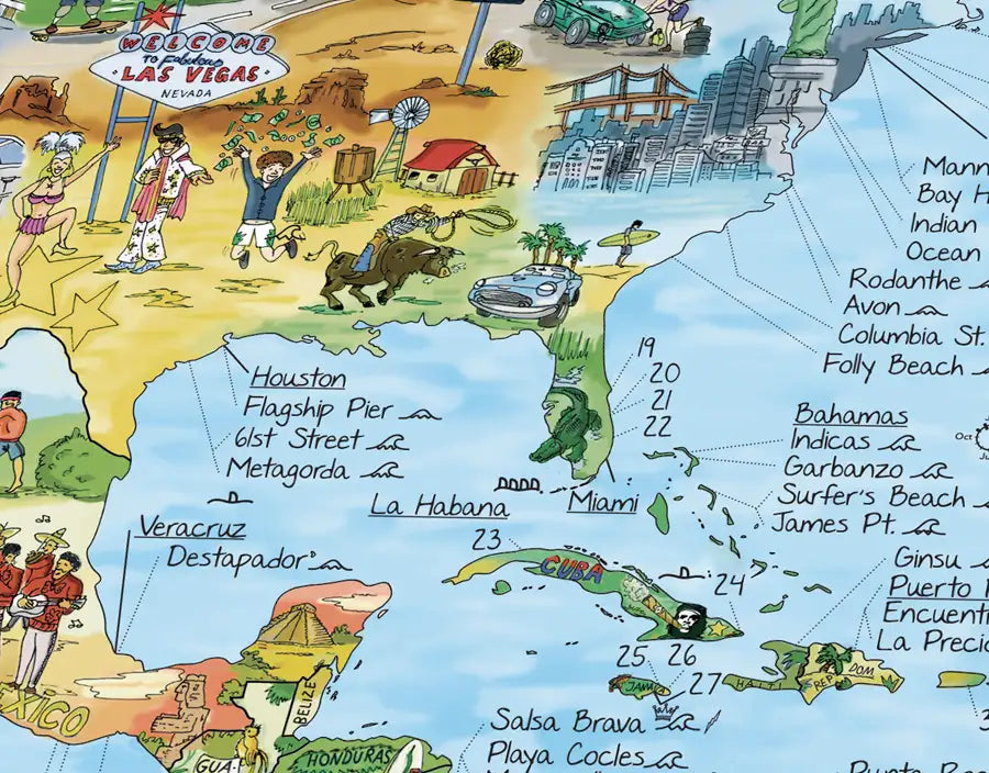 Detalle del mapa de surf del Caribe y el golfo de México con Puerto Rico y Bahamas