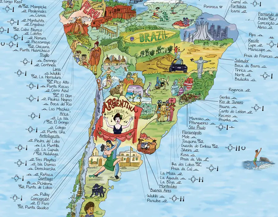 Detalle del mapa de surf de Sudamérica con los spots de Perú, Chile y Brasil