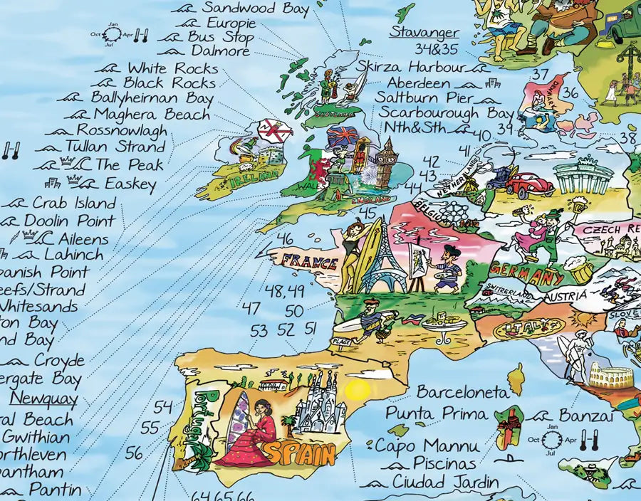 Detalle del mapa de surf de Europa con los spots de Irlanda, Reino Unido, Francia y España