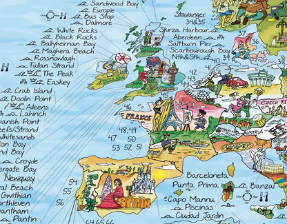 Detalle del mapa de surf de Europa con los spots de Irlanda, Reino Unido, Francia y España
