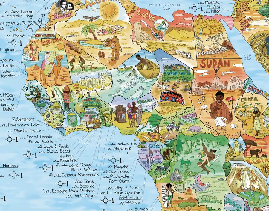 Detalle del mapa de surf de África con los spots de la costa atlántica
