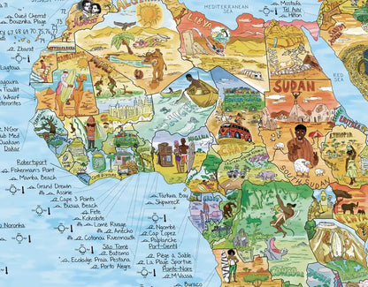 Detalle del mapa de surf de África con los spots de la costa atlántica