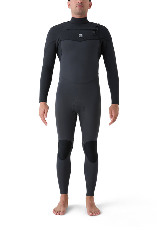 Traje de surf integral Deeply Explorer IV 4/3 para hombre, color negro mate, fabricado con Mineralprene de alto rendimiento térmico.