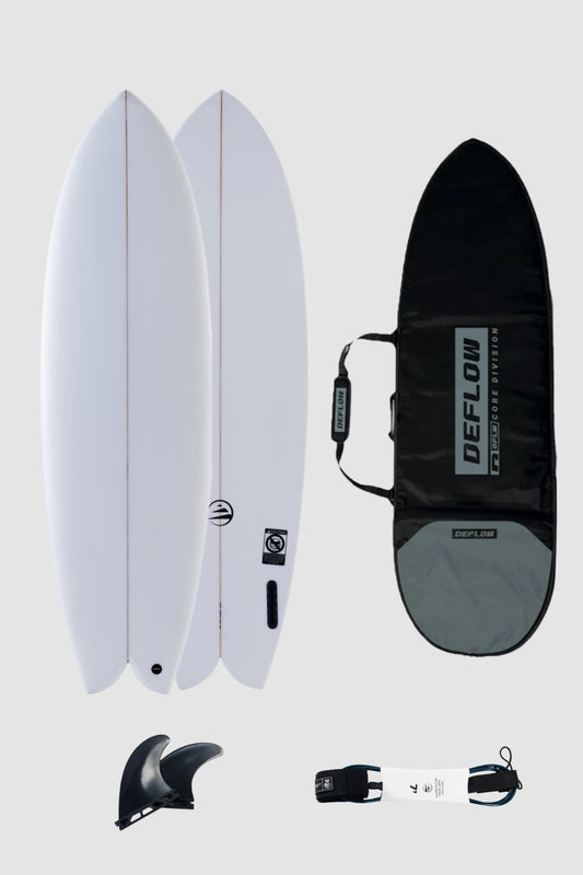 pack de tabla fish blanca de funda y leash