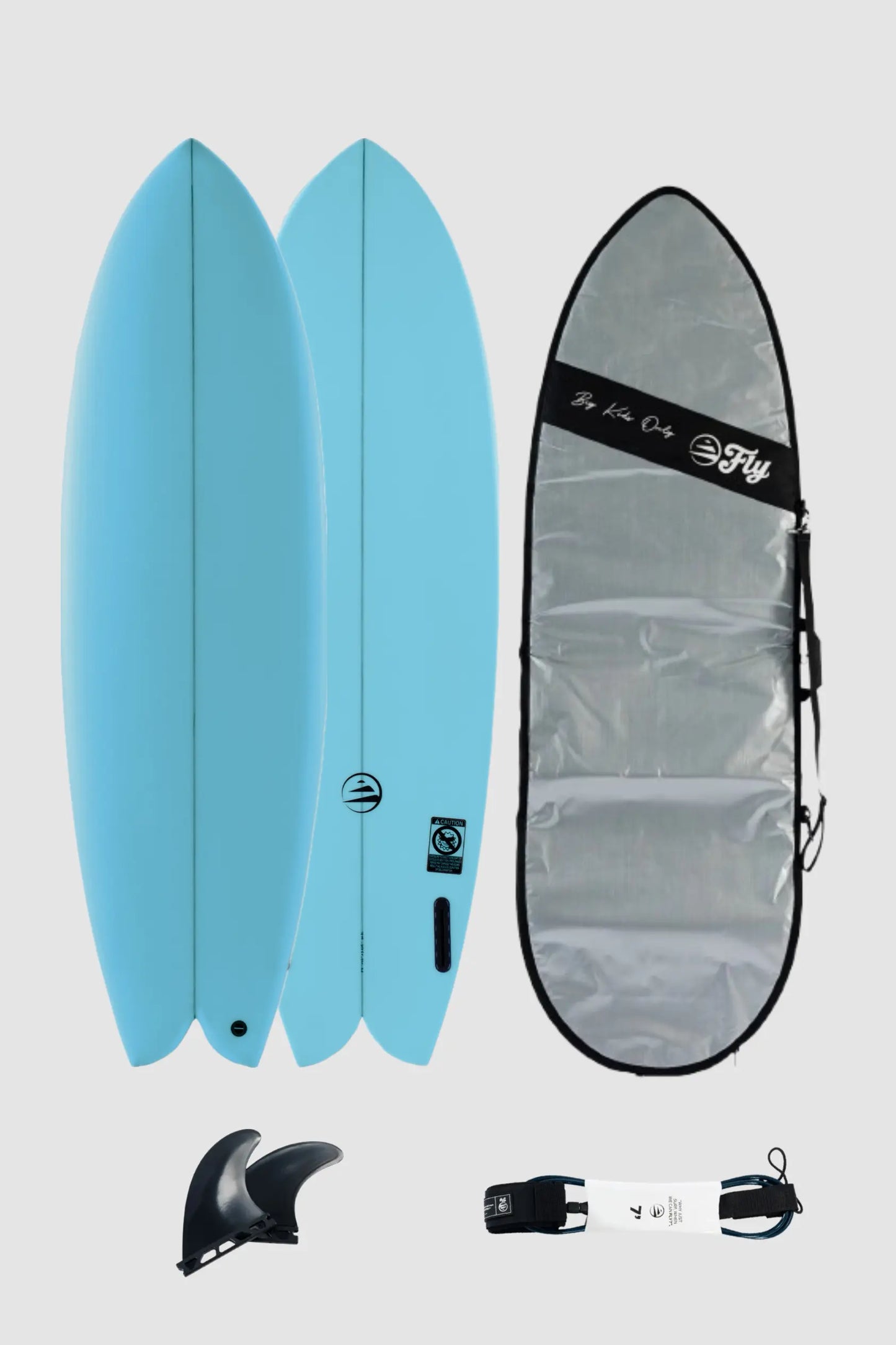 pack de surf tabla 6.4 fish twin fin azul con leash y funda de 7.0 pies