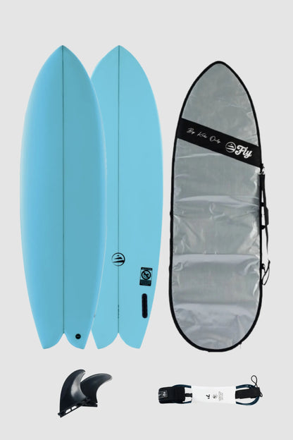 pack de surf tabla 6.4 fish twin fin azul con leash y funda de 7.0 pies