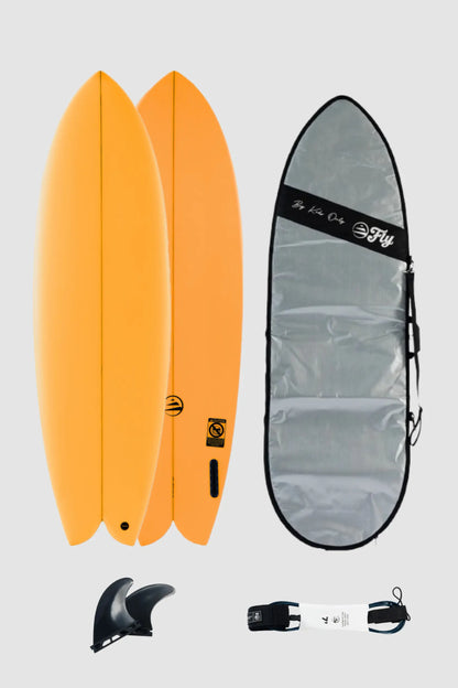 Pack tabla de surf 6.4 fish twin fin naranja con funda y leash