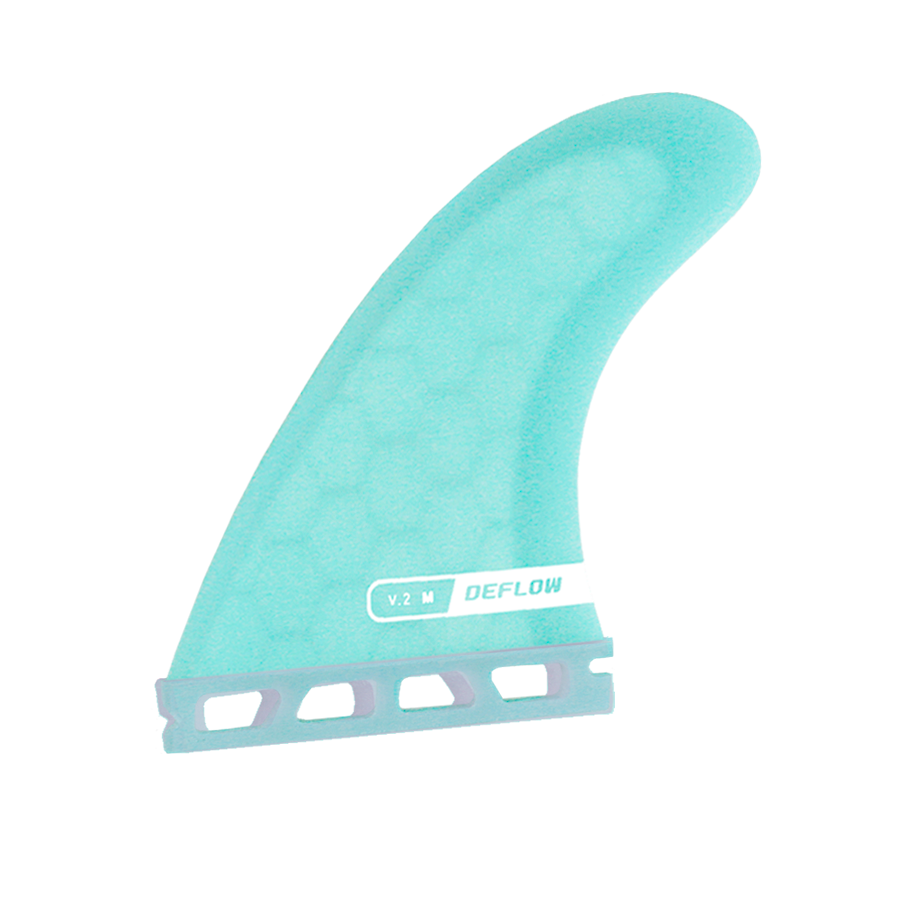 Vista frontal técnica de quilla surf Deflow V.2 azul celeste.