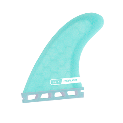 Vista frontal técnica de quilla surf Deflow V.2 azul celeste.