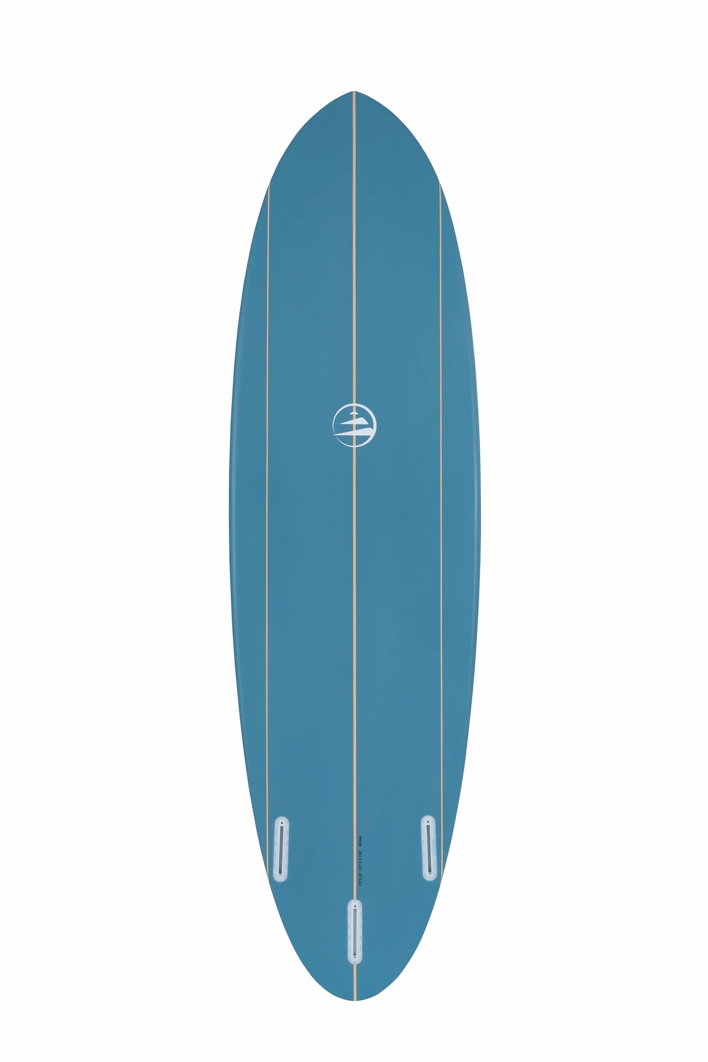 Parte trasera de una tabla surf evolutiva fibra azul mostrando el sistema de quillas.