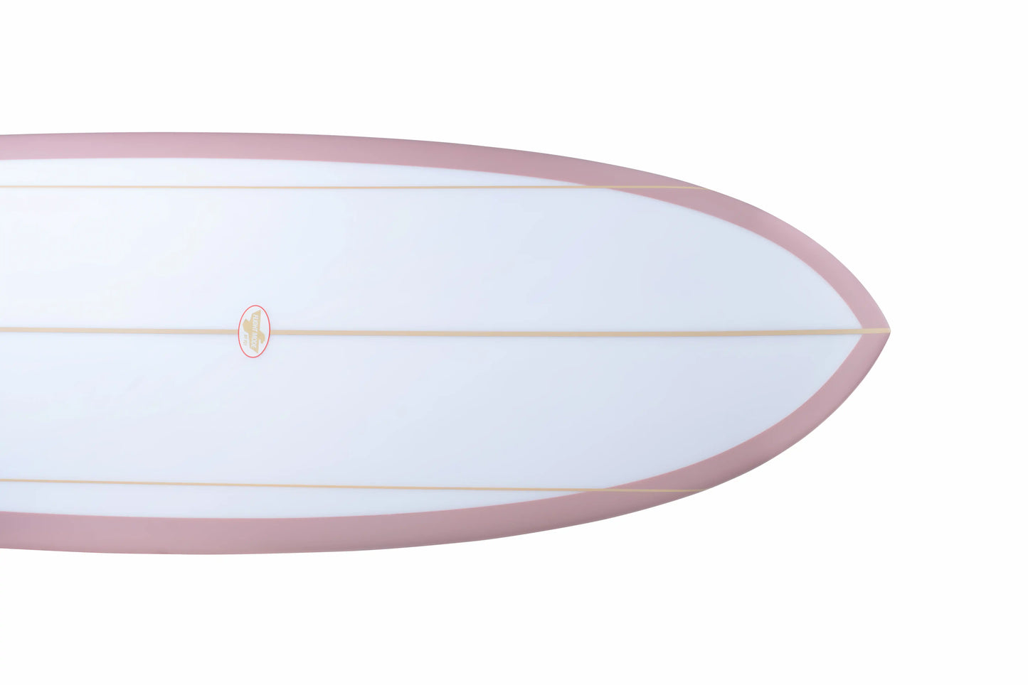 Detalle superior del nose redondeado de una tabla surf evolutiva fibra rosa.