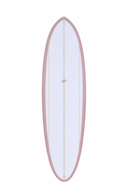 Vista completa del frente de una tabla surf evolutiva fibra rosa para surfistas que buscan estabilidad.