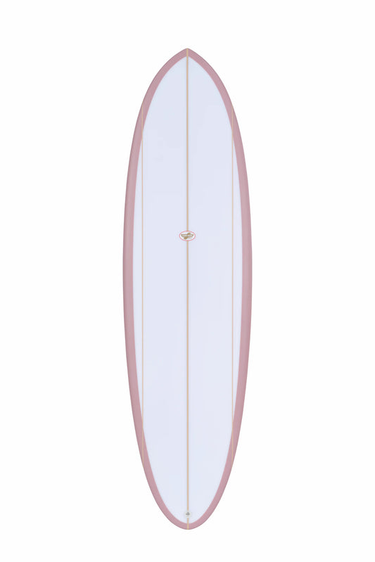 Vista completa del frente de una tabla surf evolutiva fibra rosa para surfistas que buscan estabilidad.