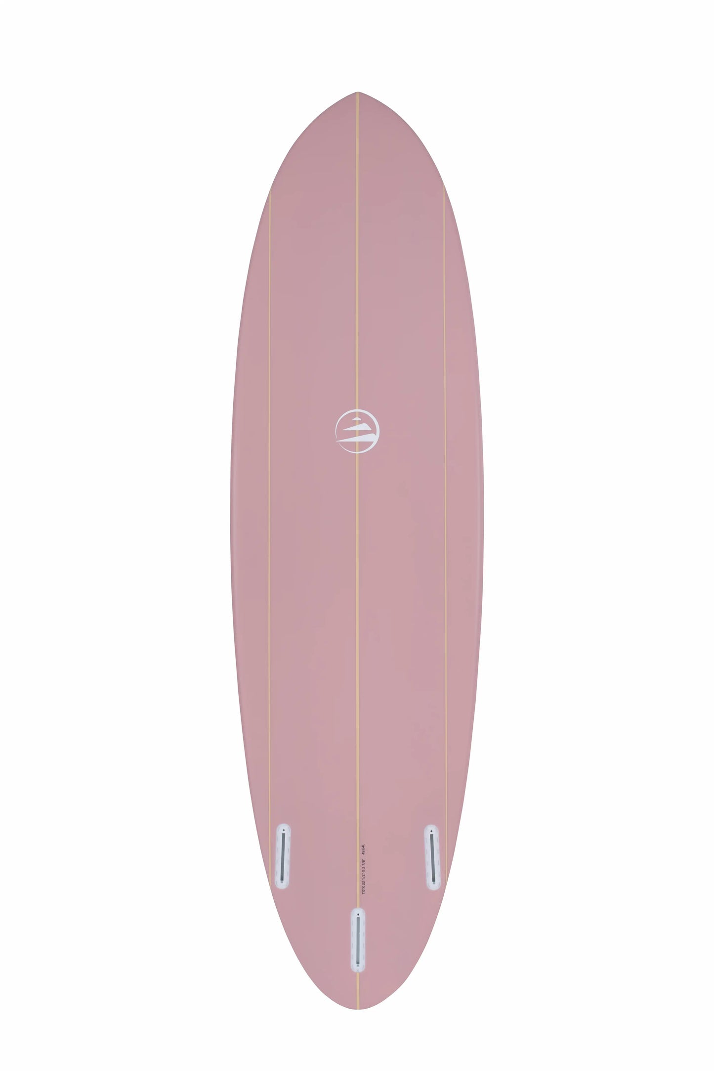 Reverso de una tabla surf evolutiva fibra rosa con configuración de tres quillas.