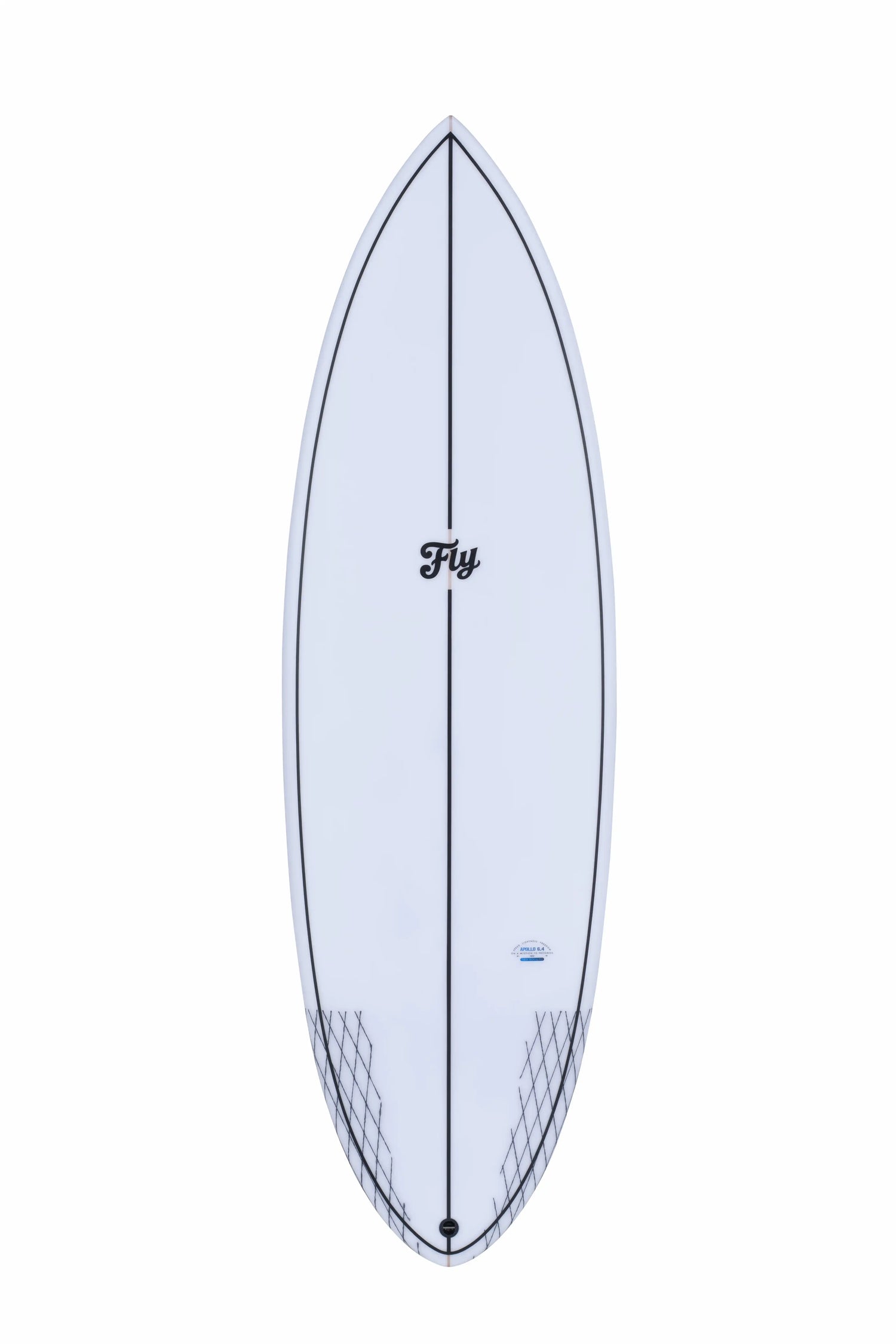 Vista frontal completa de una tabla surf blanca de fibra epoxy.