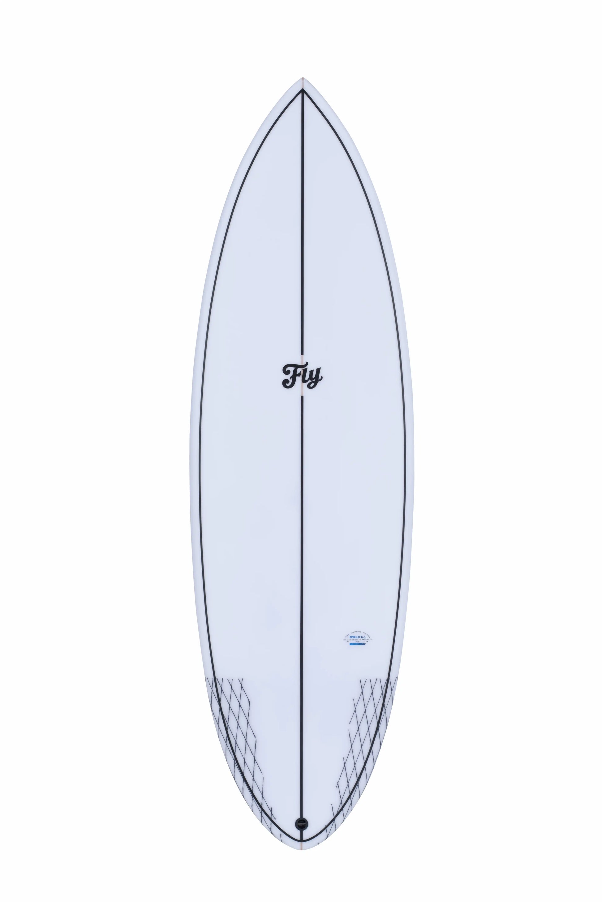 Vista frontal completa de una tabla surf blanca de fibra epoxy.