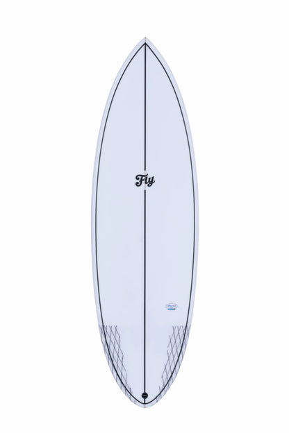 Vista frontal completa de una tabla surf blanca de fibra epoxy.