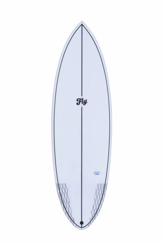 Vista frontal completa de una tabla surf blanca de fibra epoxy.