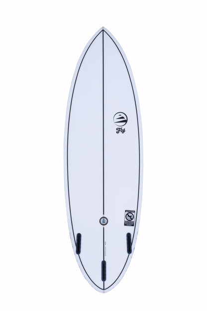 Perspectiva de la parte de atrás de una tabla surf blanca Flysurf.
