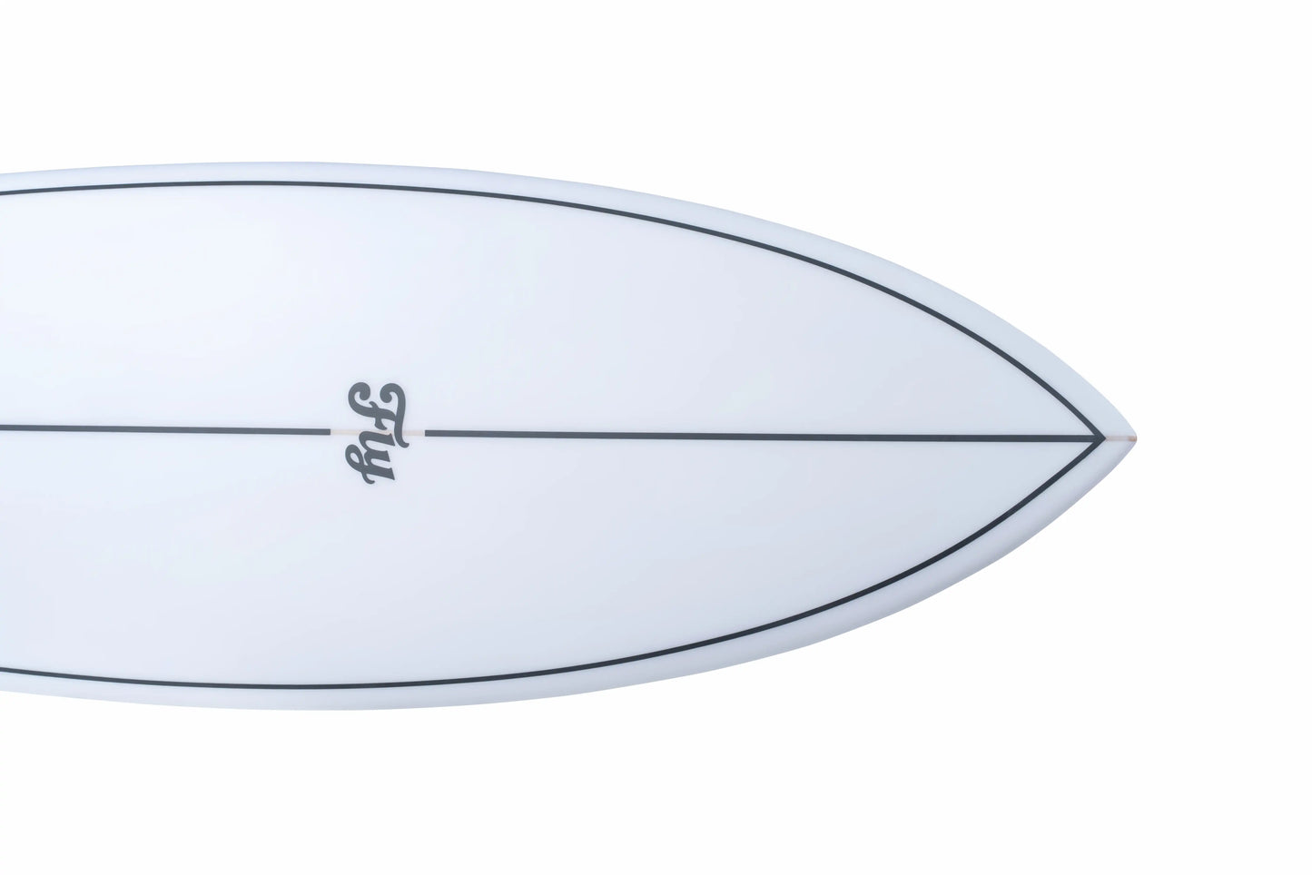 Vista frontal del nose de una tabla surf blanca de fibra epoxy.