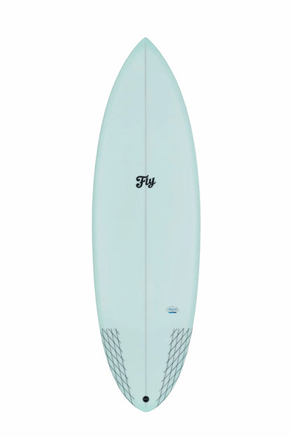 Vista frontal completa de una tabla surf fibra verde.