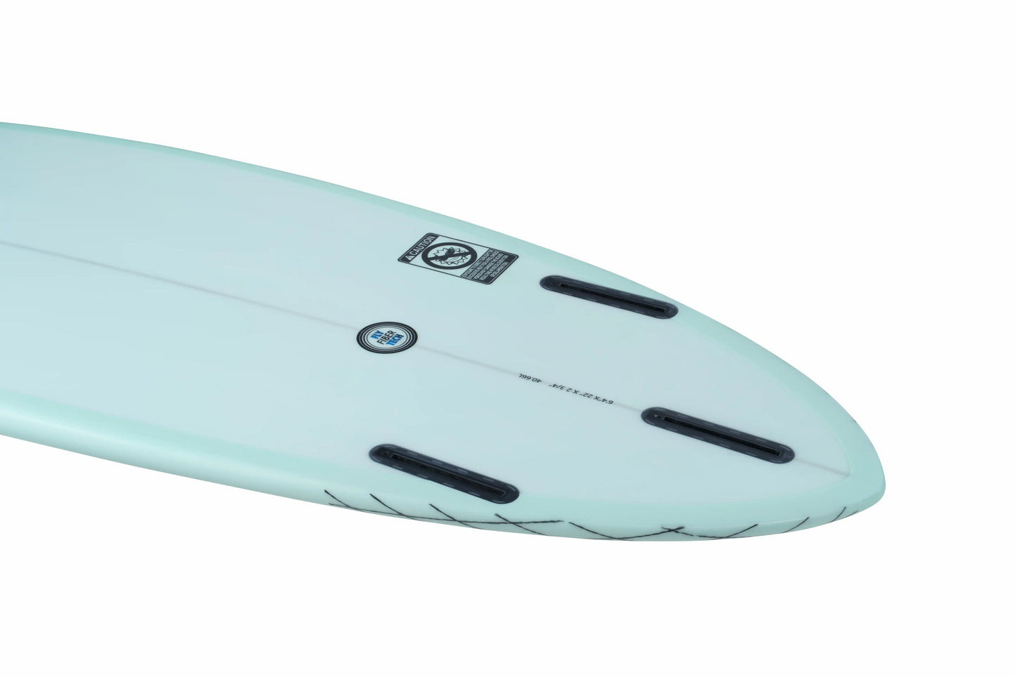 Parte posterior de una tabla surf fibra en color verde agua.