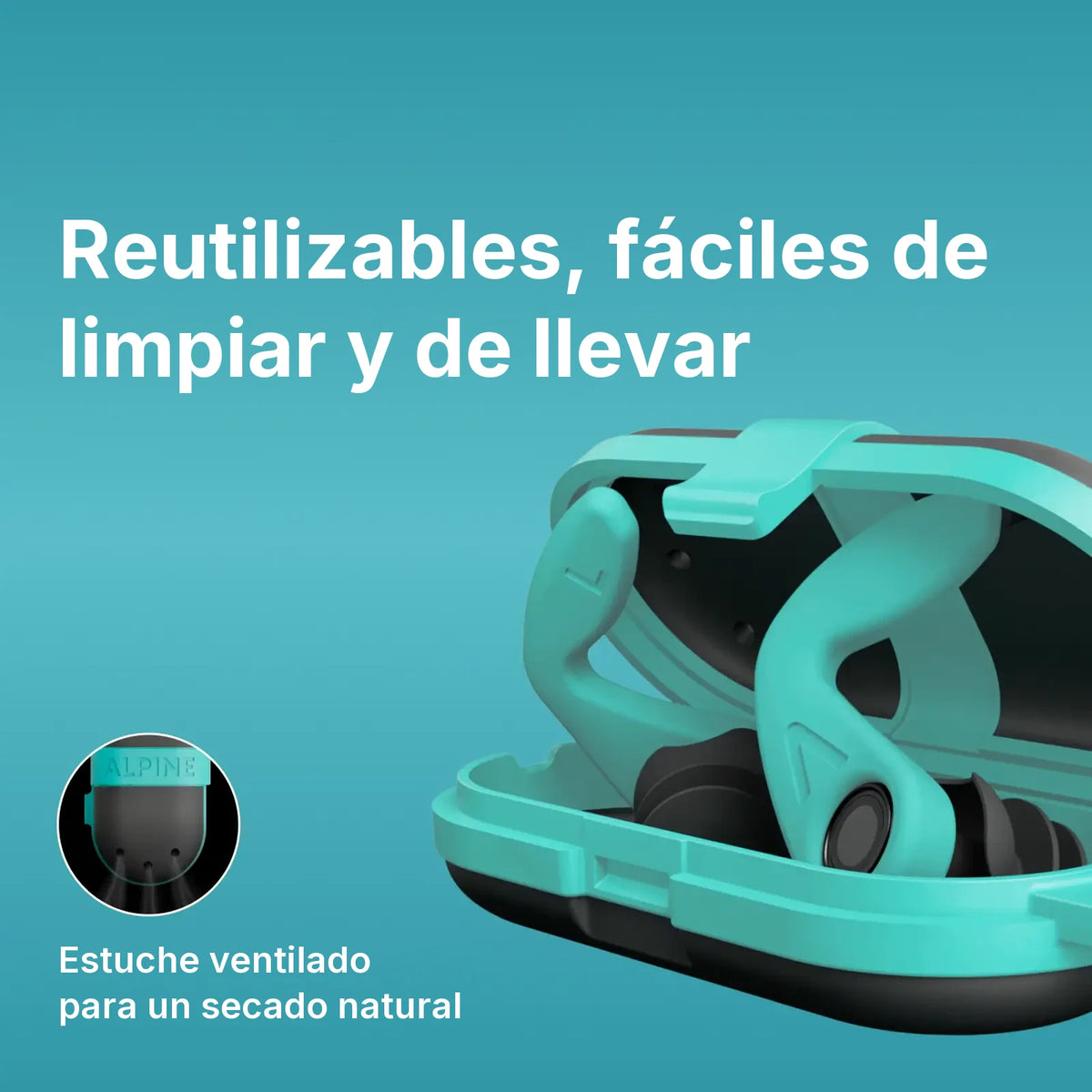 Estuche ventilado de los tapones WaterSafe para un secado natural